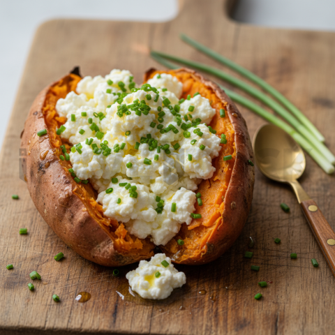 Baked Sweet Potato With Cottage Cheese And Chives  Diffused Morning Light Overhead
