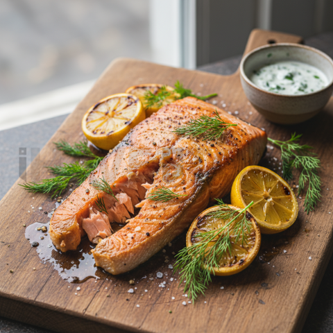 Broiled Salmon With Dill And Lemon  Overcast Daylight Overhead
