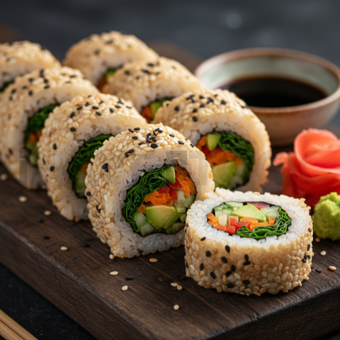 Brown Rice Sushi Rolls With Vegetables  Studio Softbox Macro Detail(1)