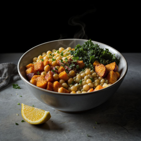 Buddha Bowl With Chickpeas, Roasted Sweet Potato And Kale  Studio Softbox Three Quarter Angle