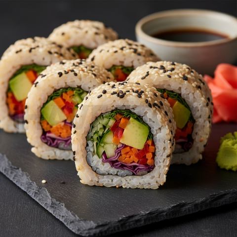 Brown Rice Sushi Rolls With Vegetables  Studio Softbox Macro Detail