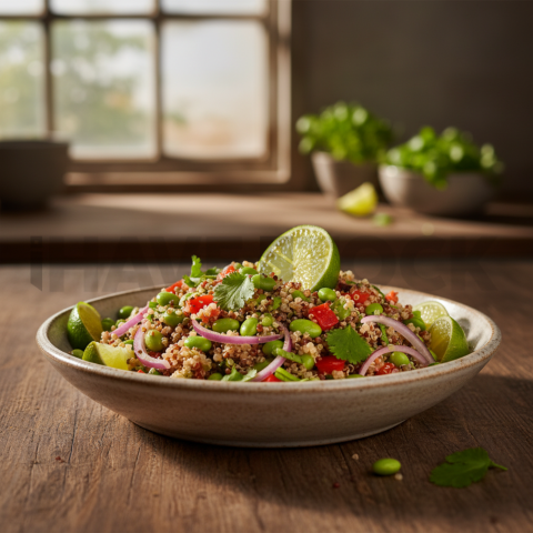 Edamame And Quinoa Salad With Lime  Soft Golden Hour Three Quarter Angle