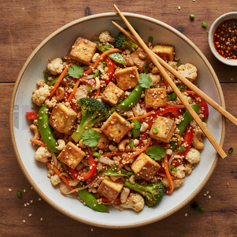 Cauliflower Rice Stir Fry With Tofu  Studio Softbox Macro Detail(1)