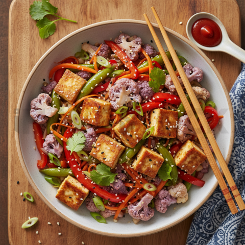 Cauliflower Rice Stir Fry With Tofu  Studio Softbox Macro Detail