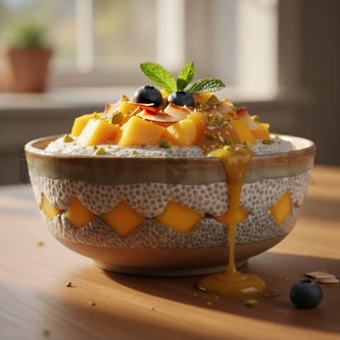 Chia Pudding With Mango And Coconut  Soft Golden Hour Macro Detail