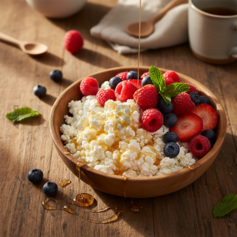 Cottage Cheese Bowl With Berries And Honey  Soft Golden Hour Three Quarter Angle(1)