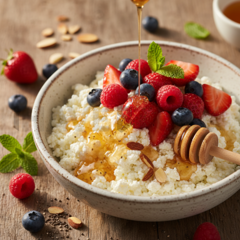 Cottage Cheese Bowl With Berries And Honey  Soft Golden Hour Three Quarter Angle
