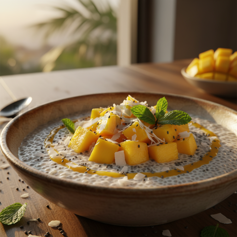 Chia Pudding With Mango And Coconut  Soft Golden Hour Macro Detail(1)