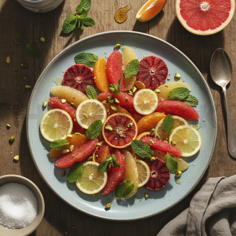 Citrus Salad With Grapefruit And Mint  Diffused Morning Light Tabletop Scene