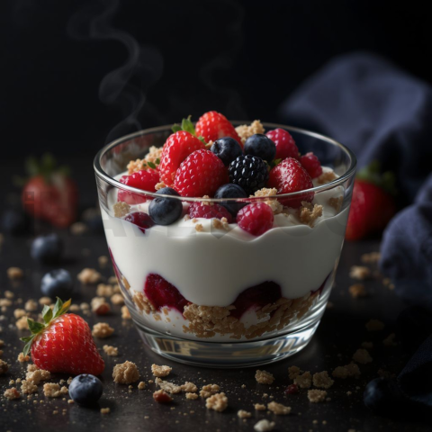 Greek Yogurt Parfait With Granola And Berries  Moody Twilight Macro Detail