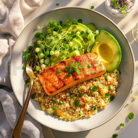 Grilled Salmon Quinoa Bowl With Avocado And Microgreens  Soft Golden Hour Macro Detail