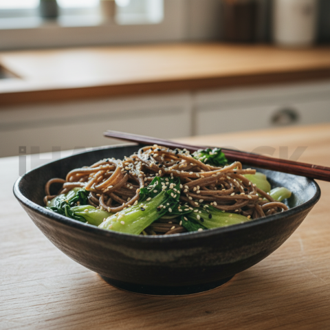 Soba Noodles With Sesame And Bok Choy  Studio Softbox Three Quarter Angle