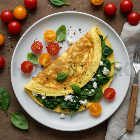 Spinach Omelette With Cherry Tomatoes  Natural Window Light Overhead
