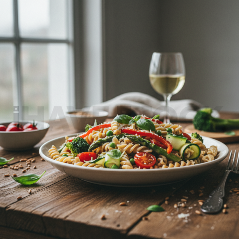 Whole Wheat Pasta Primavera  Overcast Daylight Tabletop Scene