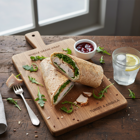 Whole Grain Wrap With Turkey And Arugula  Overcast Daylight Tabletop Scene