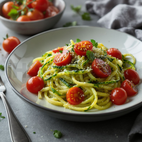Zucchini Noodles With Pesto And Cherry Tomatoes  Overcast Daylight Tabletop Scene