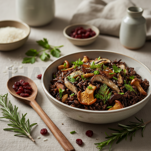 Wild Rice Bowl With Mushrooms And Herbs  Natural Window Light Tabletop Scene