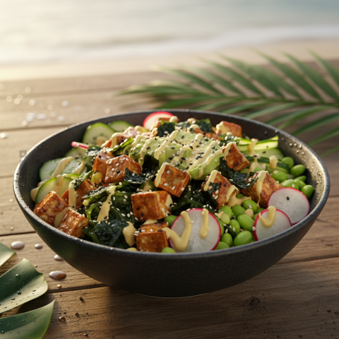 Tofu Poke Bowl With Seaweed  Soft Golden Hour Three Quarter Angle