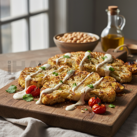 Oven Roasted Cauliflower Steaks With Tahini Drizzle  Natural Window Light Tabletop Scene