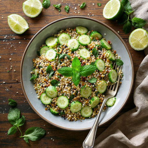 Quinoa Tabbouleh With Cucumber And Mint  Diffused Morning Light Overhead