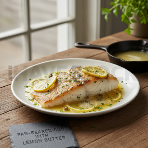 Pan Seared Cod With Lemon Butter  Natural Window Light Overhead
