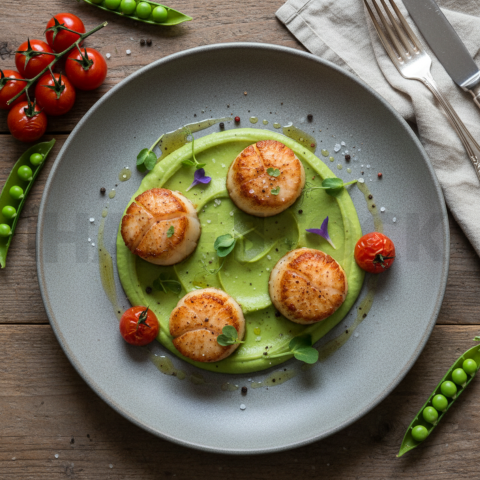 Seared Scallops On Pea Puree  Overcast Daylight Overhead