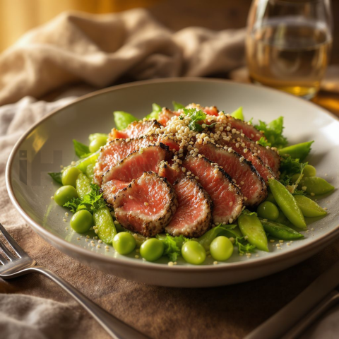 Seared Tuna Salad With Sesame And Edamame  Soft Golden Hour Three Quarter Angle