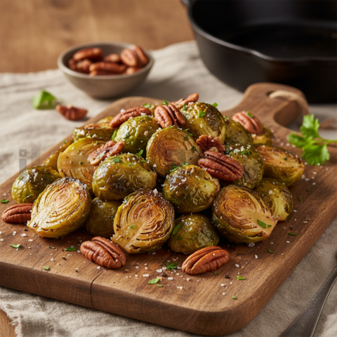 Roasted Brussels Sprouts With Pecans  Natural Window Light Tabletop Scene