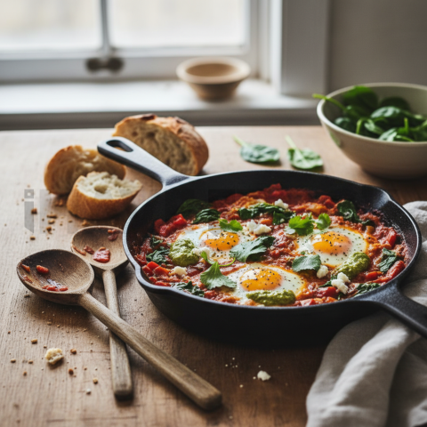 Shakshuka With Spinach  Overcast Daylight Tabletop Scene