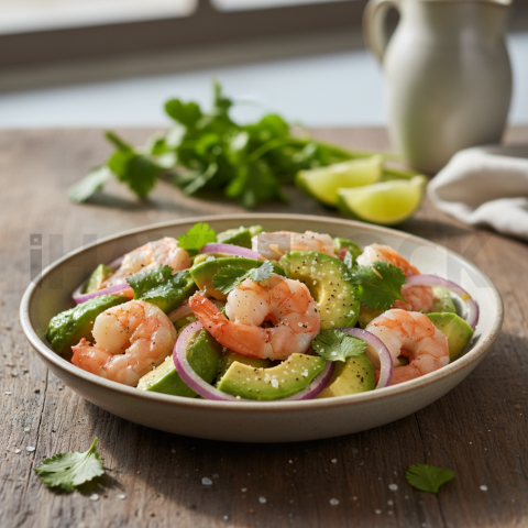 Shrimp And Avocado Salad With Cilantro  Diffused Morning Light Tabletop Scene