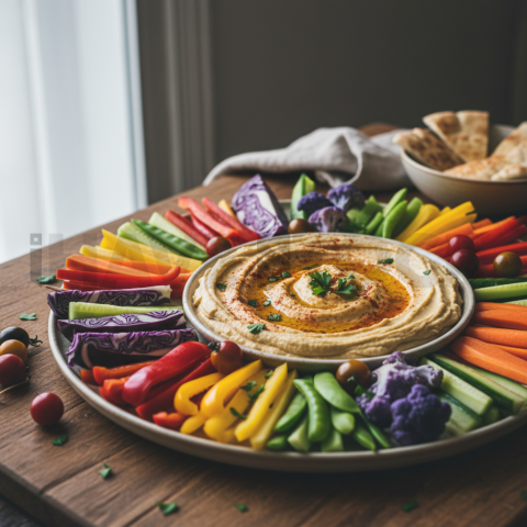 Hummus Platter With Rainbow Crudités  Diffused Morning Light Tabletop Scene