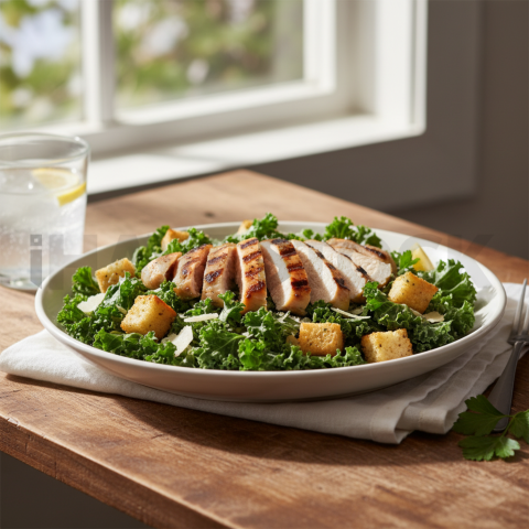 Kale Caesar Salad With Grilled Chicken  Natural Window Light Tabletop Scene