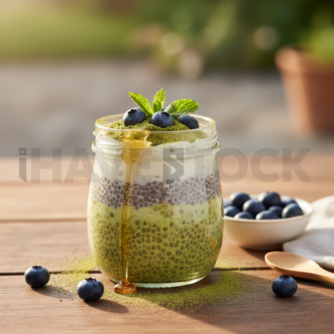 Matcha Chia Pudding  Soft Golden Hour Macro Detail