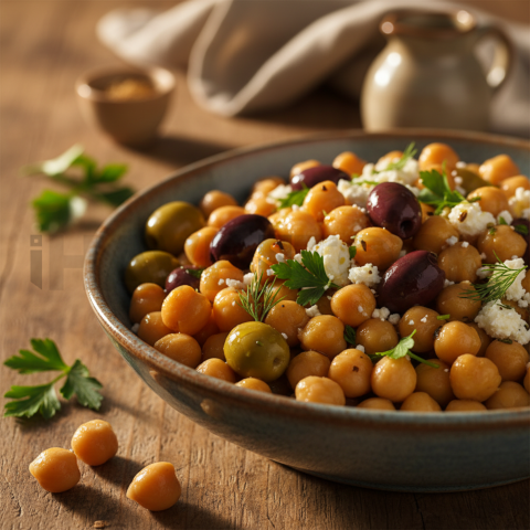 Mediterranean Chickpea Bowl With Olives  Soft Golden Hour Macro Detail