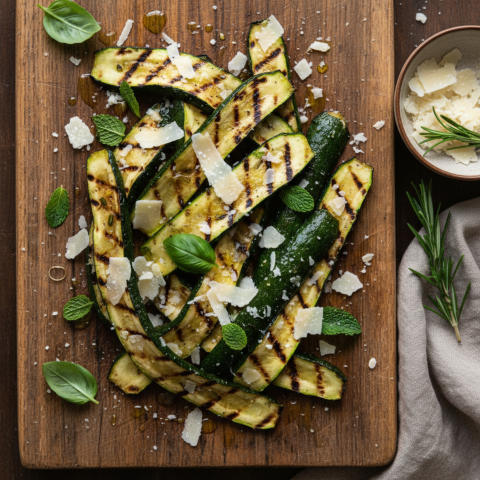 Grilled Zucchini With Parmesan Shavings  Overcast Daylight Overhead