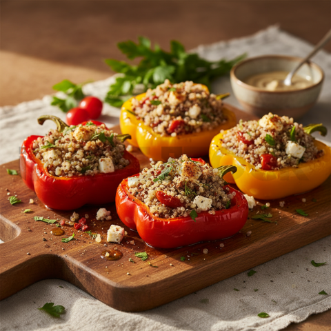 Herbed Quinoa Stuffed Peppers  Soft Golden Hour Macro Detail