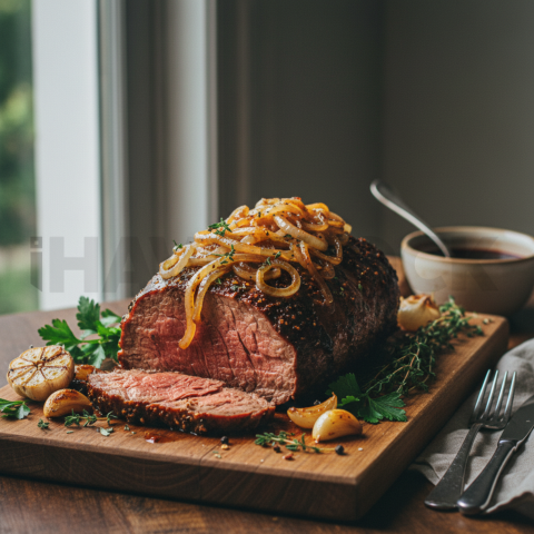 Abaianado Roast With Onions  Natural Window Light Tabletop Scene(1)