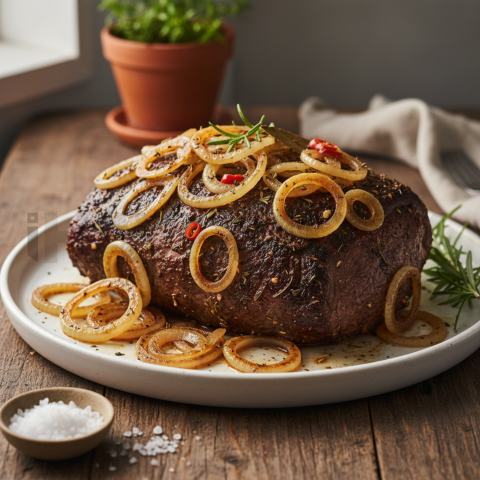 Abaianado Roast With Onions  Natural Window Light Tabletop Scene