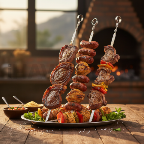 Churrasco Skewers Assorted Meats  Soft Golden Hour Macro Detail