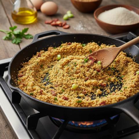 Farofa Toasted In Skillet  Overcast Daylight Overhead