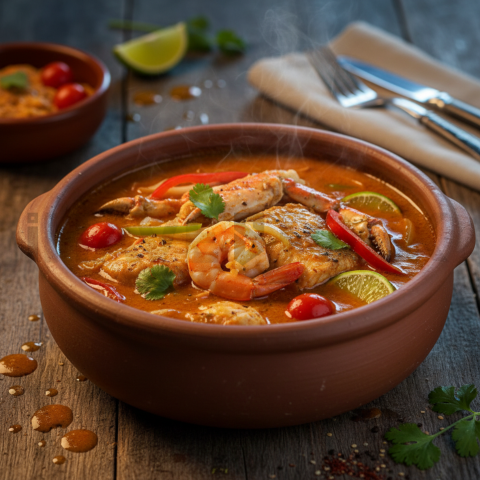 Moqueca Baiana In Clay Pot  Moody Twilight Macro Detail