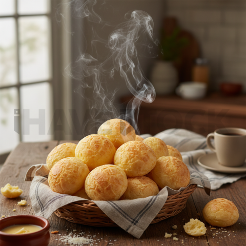 Pão De Queijo Basket With Steam  Natural Window Light Overhead