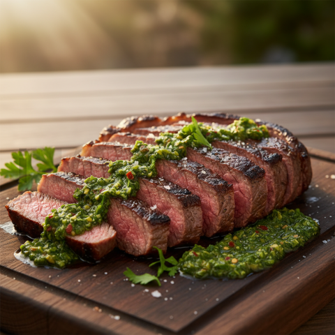 Picanha Steak With Chimichurri  Soft Golden Hour Three Quarter Angle