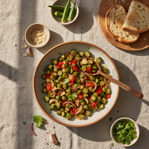 Quiabo Refogado Sautéed Okra  Diffused Morning Light Tabletop Scene