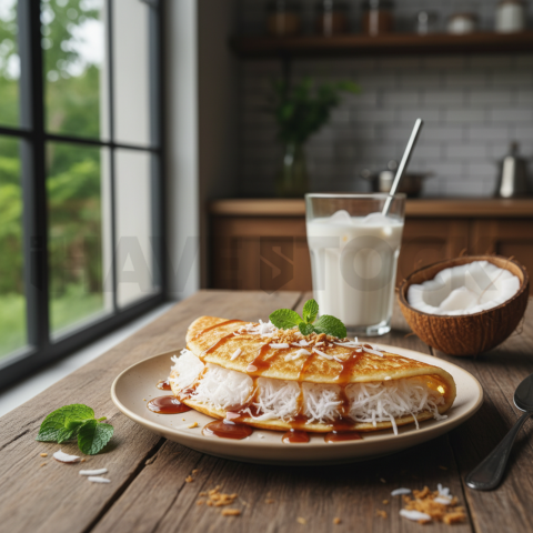 Tapioca Crepe With Coconut  Natural Window Light Tabletop Scene