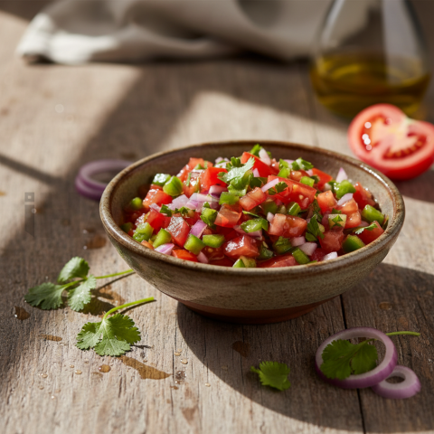 Vinagrete Salsa In Bowl  Natural Window Light Tabletop Scene