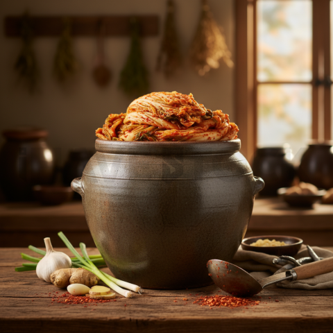 Fermented Kimchi In Stone Jar  Soft Golden Hour Three Quarter Angle