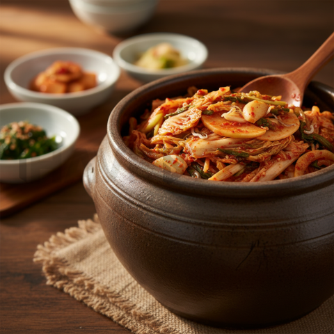 Fermented Kimchi In Stone Jar  Soft Golden Hour Three Quarter Angle(1)