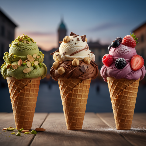 Gelato Trio In Waffle Cones