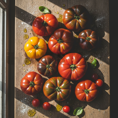 Heirloom Tomatoes On Rustic Board  Natural Window Light Overhead